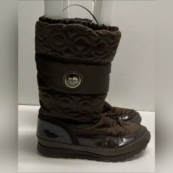 COACH Drexel Designer Brown Nylon Signature Rain Snow Zip Boots Women 7.5 M - Picture 2 of 5